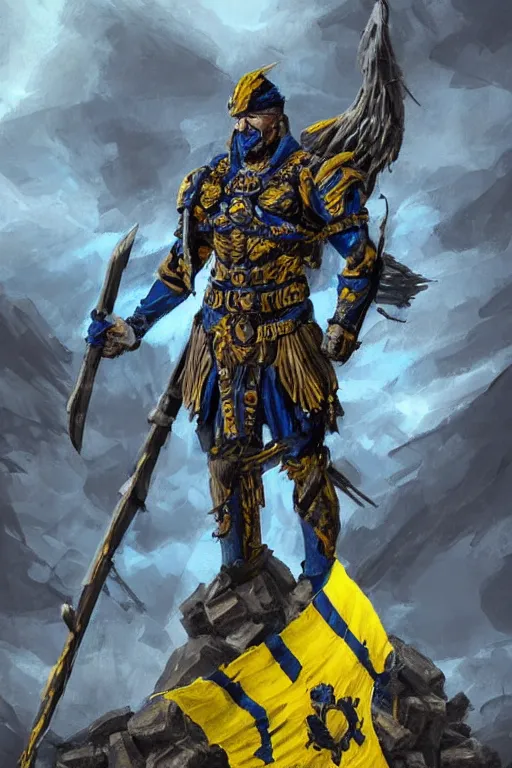 Prompt: a distant shot of a Ukrainian super soldier with blue and yellow flag behind him and a trident symbol on the chest standing alone on a huge pile of skulls posing as a winner, masculine muscular figure, D&D, fantasy, intricate, elegant, highly detailed, extremely detailed, digital painting, artstation, concept art, matte, smooth, sharp focus, illustration, art by Artgerm and Greg Rutkowski and Alphonse Mucha