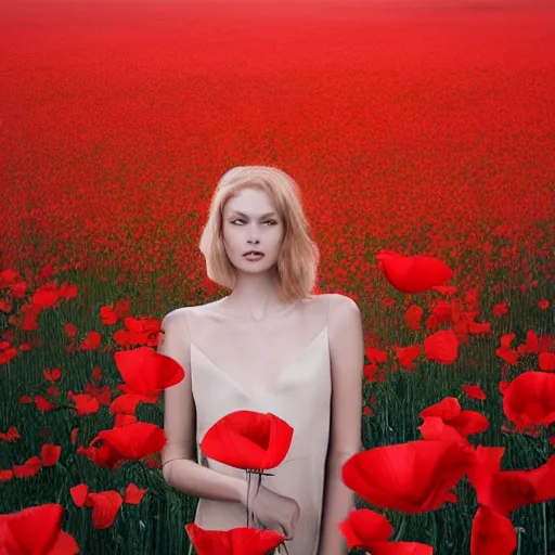 Prompt: a beautiful woman standing next to a field of poppies, dutch, blonde, tall, pretty, by tim walker, atmospheric, epic composition, trending on artstation, octane render