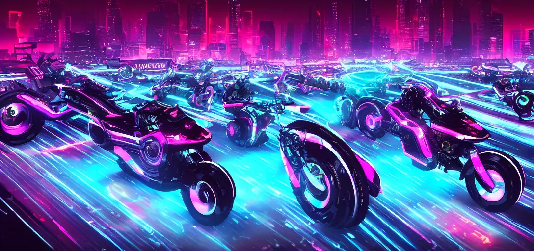 Prompt: cyberpunk, synthwave, vaporware aesthetics, retrowave, flat shading, neon, highly detailed aerial digital art of a tron cyberbike race, drone shot, cell - shaded