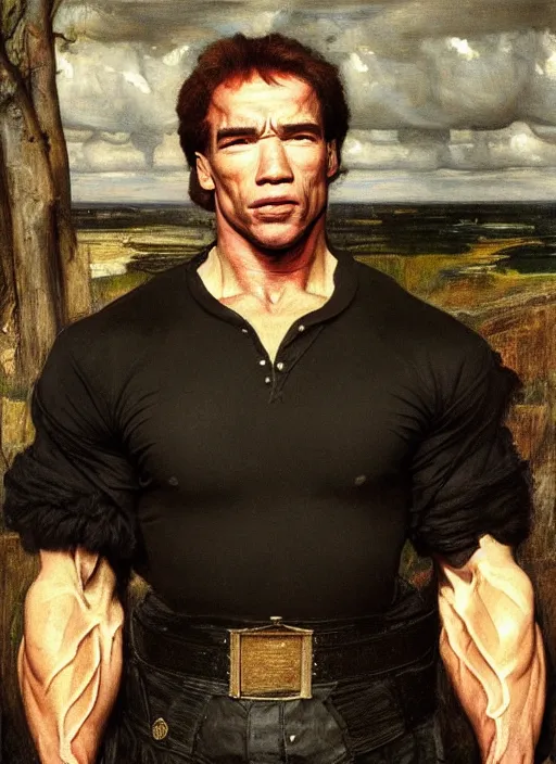 Prompt: a beautiful painting of arnold schwarzenegger by John Everett Millais and Dante Gabriel Rossetti and John Collier and john william waterhouse, pre-raphaelite, detailed, trending on artstation, hd, masterpiece