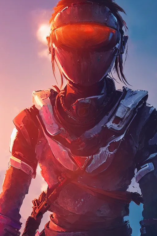 Image similar to combination suit armor aloy horizon forbidden west horizon zero dawn radiating a glowing aura global illumination ray tracing hdr fanart arstation by ian pesty and alena aenami artworks in 4 k tribal robot ninja mask helmet backpack