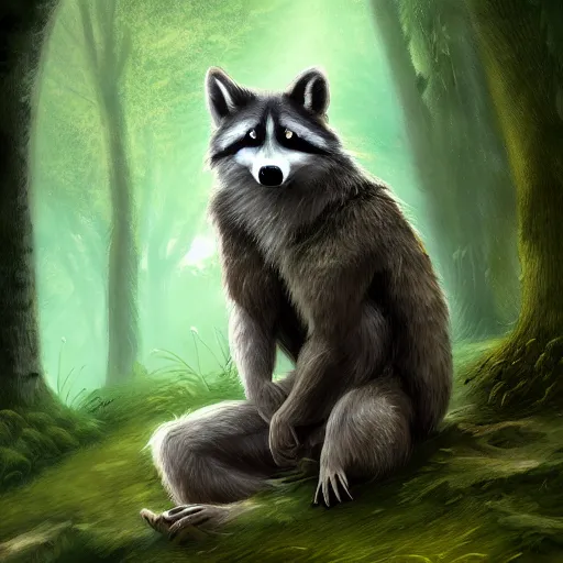 Image similar to a woodland druid in a forest with a wolf bird and racoon, photorealistic, in the style of greg rutkowski, digital painting