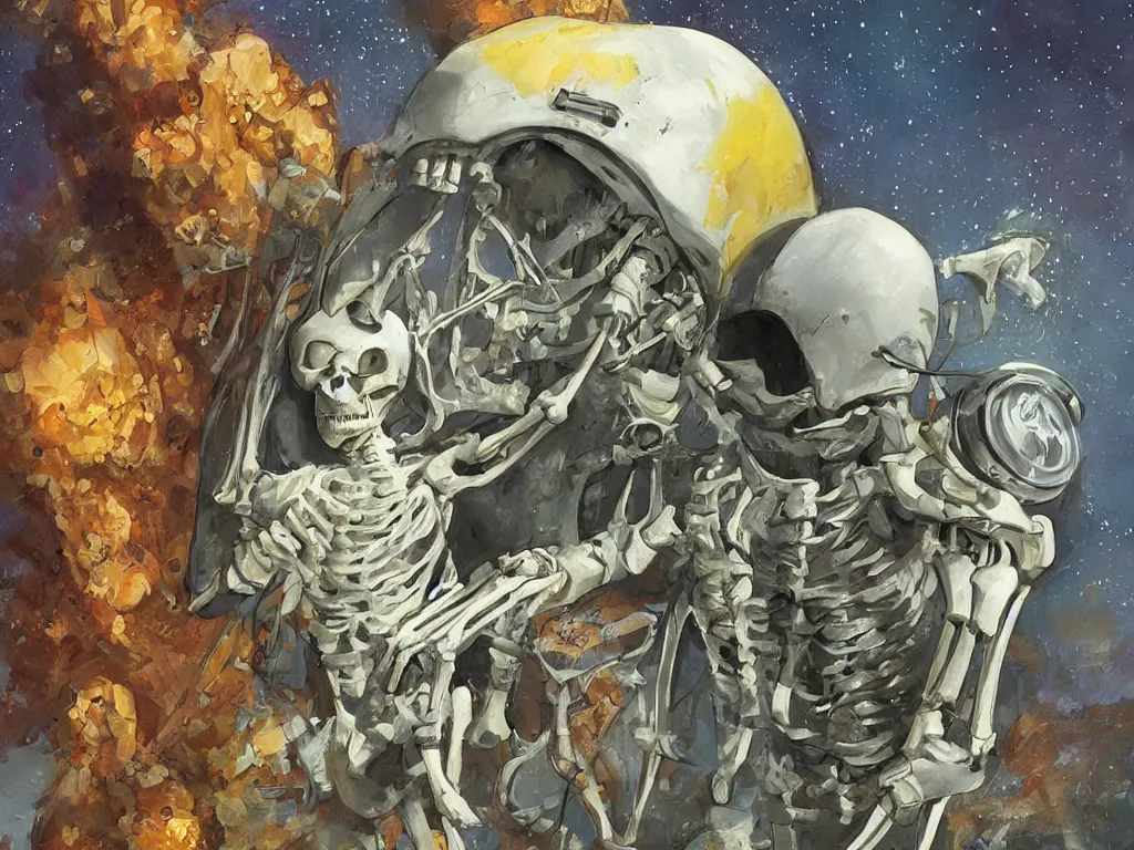 Prompt: a skeleton astronaut!!!!!!!!! with his helmet off by kren cushart and ralph mc quarrie on a colorful alien wheat world with lime!!!! trees