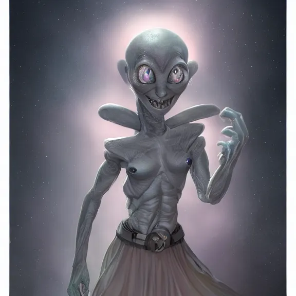 Image similar to blushing grey alien in skirt, fantasy artwork, award winning, hyper detailed, very very beautiful, studio lighting, artstation