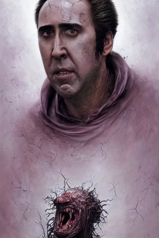 Image similar to Many faces of Nicolas Cage which crawls under the hood of creature, dark fantasy, intricate, smooth, artstation, painted by Wayne Barlowe, Greg Rutkowski, zdislav beksinski, Francis Bacon