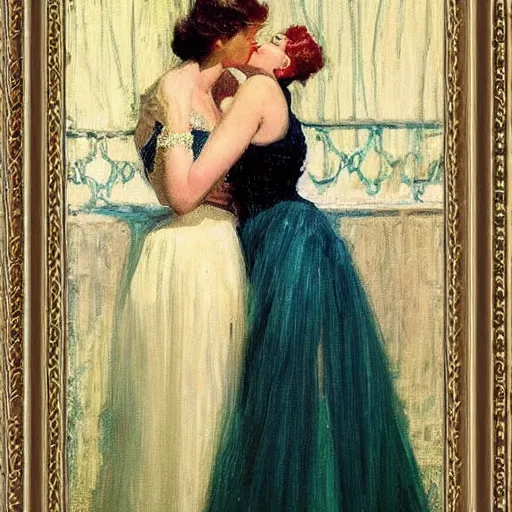 Image similar to Taylor Swift kissing her reflection, 1950s, modest, elegant clothing, tiara, mild impressionism, award winning, by Ilya Repin