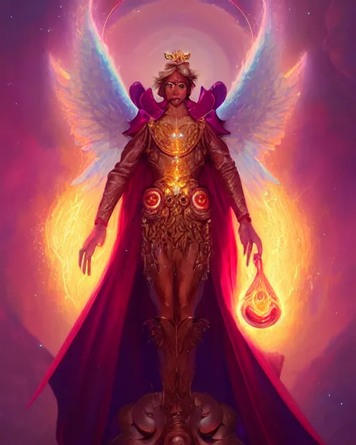 Image similar to a character portrait of only one male angel of justice with golden fiery wings, surrounded with spiriling sparkling rose crystals and galaxies, by peter mohrbacher, hyper light drifter, jim burns, greg rutkowski, trending on artstation