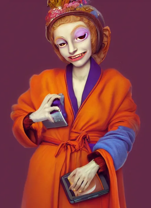 Image similar to an anthropomorphic beautiful goddess female wizard made of fox portrait holding a portable computer wearing colourful robe, fine art, award winning, intricate, elegant, sharp focus, octane render, hyperrealistic, cinematic lighting, highly detailed, digital painting, 8 k concept art, art by jamie hewlett and z. w. gu, masterpiece, trending on artstation, 8 k