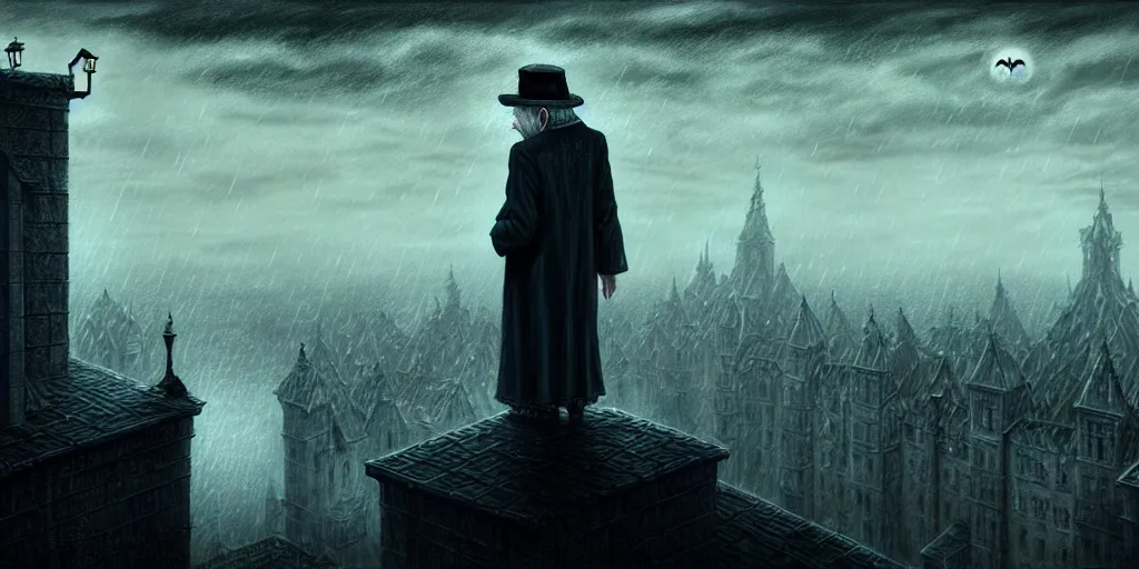 Prompt: a lonely vampire old man contemplating the abyss on a rooftop of a high dark castle, rainy night, sad imagery, high quality, details, intricate, atmosphere, highly detailed, cinematic, digital painting, deviantart, cinematic by piotr jabłonski