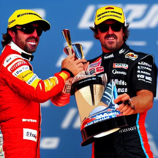 Image similar to high quality photograph of fernando alonso winning the formula 1 world championship together with flavio briatore