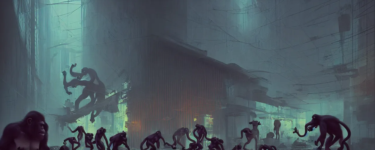 Prompt: duotone noir concept illustration of group wild and crazy apes ruining office rooms, octane render, concept hideo kojima surreal atmosphere, abandoned buildings volumentric lighting. cosmic horror. accidental renaissance. by sachin teng and sergey kolesov and ruan jia and heng z. graffiti art, scifi, fantasy, hyper detailed. trending on artstation