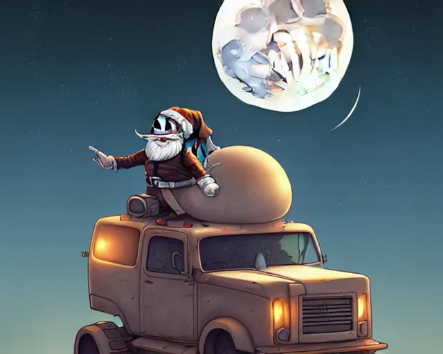 Prompt: a cell shaded cartoon grey mechanized santa, with a big head, on a desert road, wide shot, in front of a big moon, muted colors, post grunge, josan gonzales, wlop, by james jean, victor ngai, hq, deviantart, art by artgem