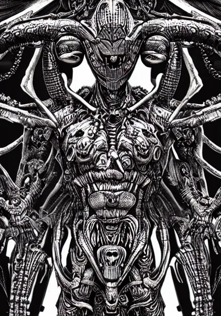 Prompt: avantgarde xenomorph durga editorial by marek okon designed by alexander mcqueen rendered by masamune shirow and by virgil finlay