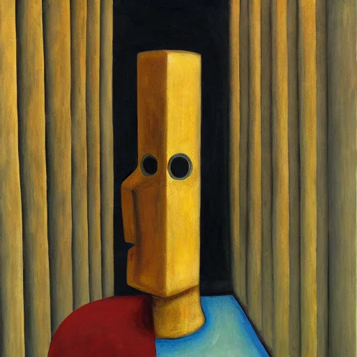 Image similar to brutalist giant unfeeling robot bishop visage, portrait, atrium, rotunda, dystopian, pj crook, edward hopper, oil on canvas