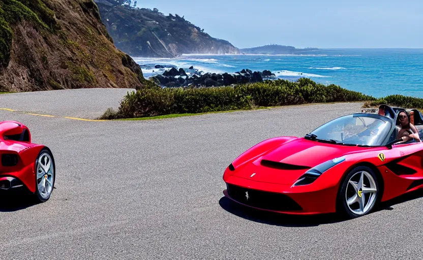 Prompt: a still of a ferrari monza sp 2 parked along the pacific coast highway, ocean in the background, 8 k,