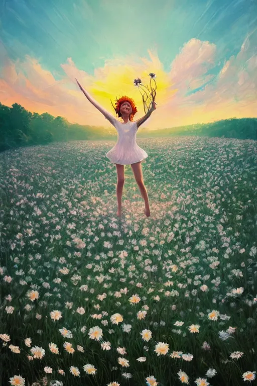 Image similar to giant white daisies flower as head, girl dancing in a flower field, surreal photography, sunrise, dramatic light, impressionist painting, colorful clouds, digital painting, artstation, simon stalenhag