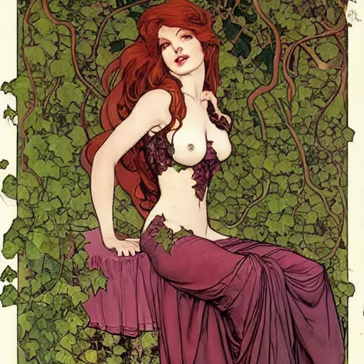 Image similar to a beautiful portrait of poison ivy playing a piano with vines and singing in a jazz club, female, in the style of magic the gathering, intricate, elegant, highly detailed, digital painting, artstation, concept art, matte, sharp focus, illustration, art byby rebecca guay and by arthur rackham and by alphonse mucha and by john william waterhouse