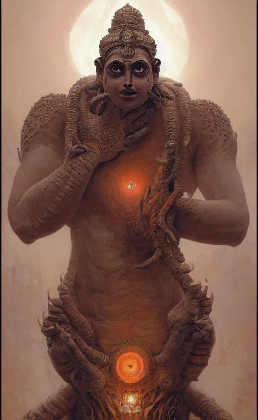 Prompt: an ancient hindu creature made of dust and earth, a mythological being that came from within the earth, a hindu god with many arms, gigantic, incomprehensible and frightening, trending on artstation, volumetric lighting, atmospheric portrait, highly detailed, art by greg rutkowski and alphonse mucha