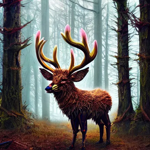 Prompt: a fluffy android stag fractal in the forest :: by Martine Johanna and Simon Stålenhag and Chie Yoshii and Casey Weldon and Guillermo del toro :: ornate, dynamic, particulate, intricate, elegant, highly detailed, centered, artstation, smooth, sharp focus, octane render, 3d