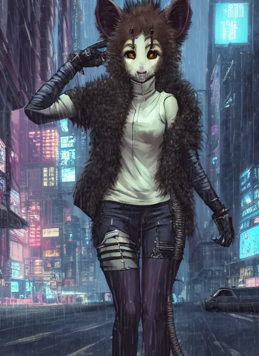 Image similar to character portrait of a female anthro hyena fursona with a cute beautiful attractive furry face and long black curly hair wearing a police flak jacket in a cyberpunk city at night while it rains. hidari, color page, tankoban, 4K, tone mapping, Akihiko Yoshida.