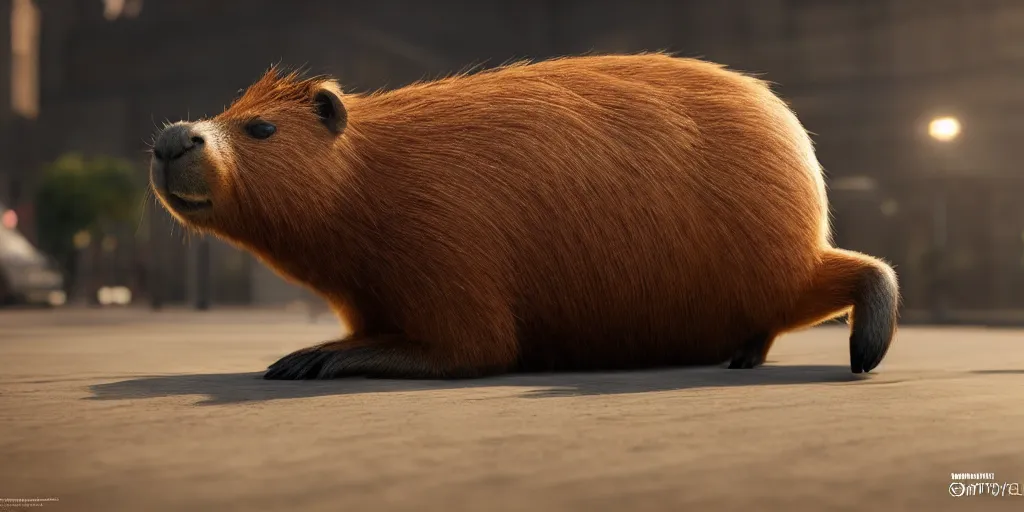 Prompt: a photo of 8k a cute capybara on a skateboard, cinematic lighting, trending on artstation, 4k, hyperrealistic, focused, extreme details, unreal engine 5, cinematic, masterpiece