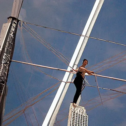 Prompt: tightrope walker above Erasmus bridge