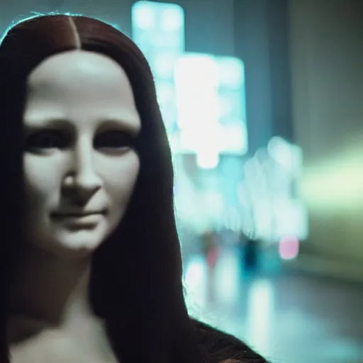 Prompt: cinematic movie still of cybernetic character named Mona Lisa in The Matrix, futuristic eye implant, cyberpunk, XF IQ4, 150MP, 50mm, F1.4, ISO 200, 1/160s, twilight in the city