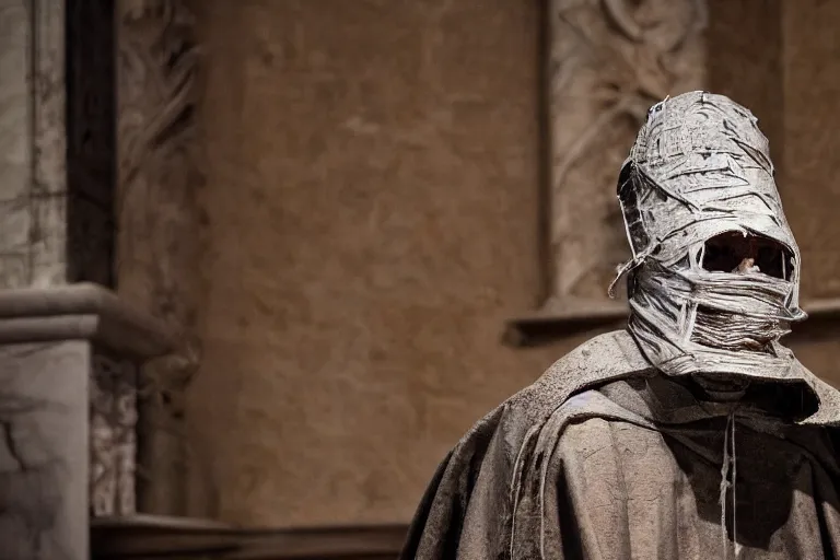 Prompt: mummified pope in his throne at the vatican, desiccated, close - up portrait, tall pontiff hat, mitre, dark, moody, black skin, ornate, hyper realistic, sharp focus, highly detailed, cinematic, dramatic lighting