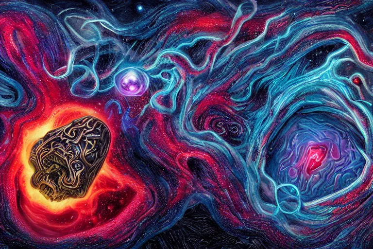 Image similar to a giant skull and flesh creature with deep and intricate rune carvings and glowing eyes and twisting lovecraftian tentacles emerging from a space nebula by dan mumford, twirling smoke trail, a twisting vortex of dying galaxies, digital art, photorealistic, vivid colors, highly detailed, intricate