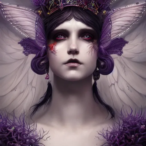 Prompt: tom bagshaw, soft painting fractal curiosities fairy carnival, single beautiful huge wings in full nightshade gothic armor, accurate features, focus, very intricate ultrafine details, black white purple volumetric clouds, award winning masterpiece, octane render 8 k hd