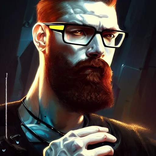 Prompt: portrait of a ginger bearded man with glasses, sci - fi, muscular! cyberpunk, black leather, intricate, elegant, highly detailed, digital painting, artstation, concept art, sharp focus, illustration, art by artgerm and greg rutkowski and alphonse mucha