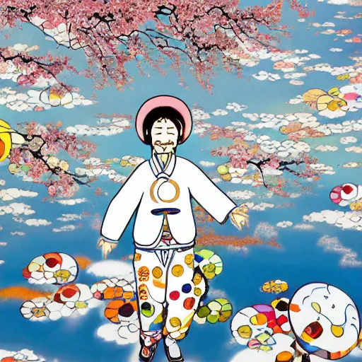 Image similar to a man walking on clouds above kyoto by takashi murakami,, aya takano color style, 4 k, super detailed