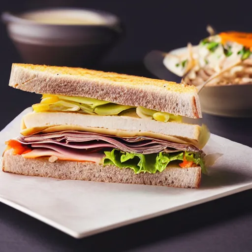 Image similar to food magazine photograph of a sandwich covered in soup. highly detailed 8 k photo. studio lighting.