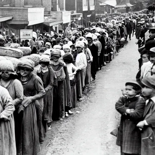 Image similar to A photograph of bread lines in the 1920's but everyone is doing the congo because capitalism is great, 4k, vintage photography