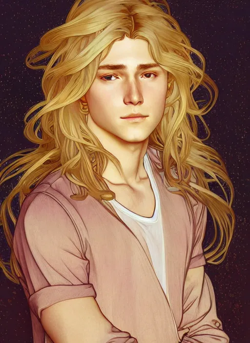 Image similar to pretty young man with shoulder length shiny sparkly golden blond hair, path traced, highly detailed, high quality, digital painting, by studio ghibli and alphonse mucha, leesha hannigan, disney