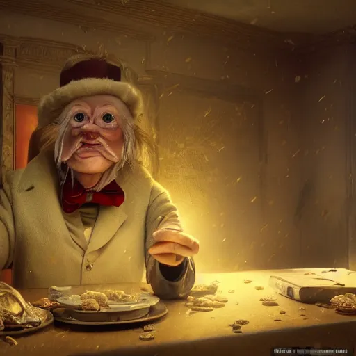 Image similar to hyperrealistic mixed media image of Scrooge McDuck, stunning 3d render inspired art by István Sándorfi and Greg Rutkowski, perfect facial symmetry, realistic, highly detailed attributes and atmosphere, dim volumetric cinematic lighting, 8k octane extremely hyper-detailed render, post-processing, masterpiece,