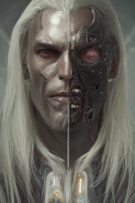 Image similar to a portrait of a toned male cyborg with long white hair and pale skin with joints still visible by greg rutkowski, sung choi, mitchell mohrhauser, maciej kuciara, johnson ting, maxim verehin, peter konig, bloodborne, 8 k photorealistic, cinematic lighting, hd, high details, dramatic, dark atmosphere, trending on artstation