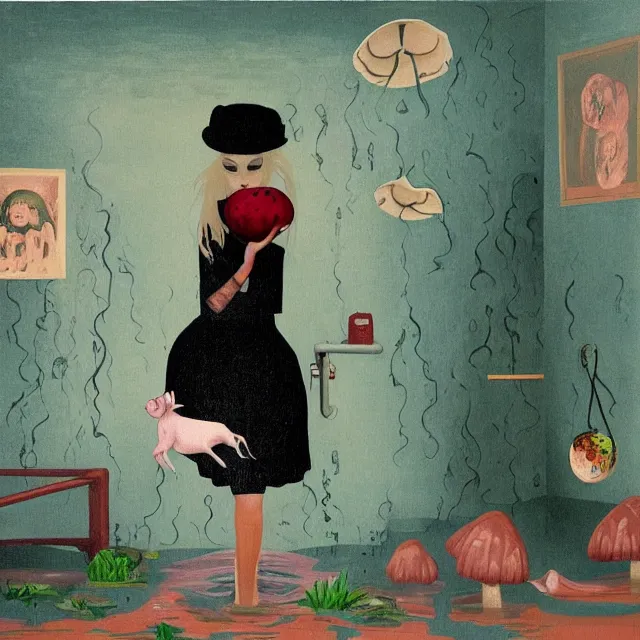 Image similar to tall female emo artist holding a pig in her flooded bathroom, mushrooms, octopus, water gushing from ceiling, painting of flood waters inside an artist's bathroom, a river flooding indoors, pomegranates, pigs, ikebana, zen, river, rapids, waterfall, black swans, canoe, berries, acrylic on canvas, surrealist, by magritte and monet