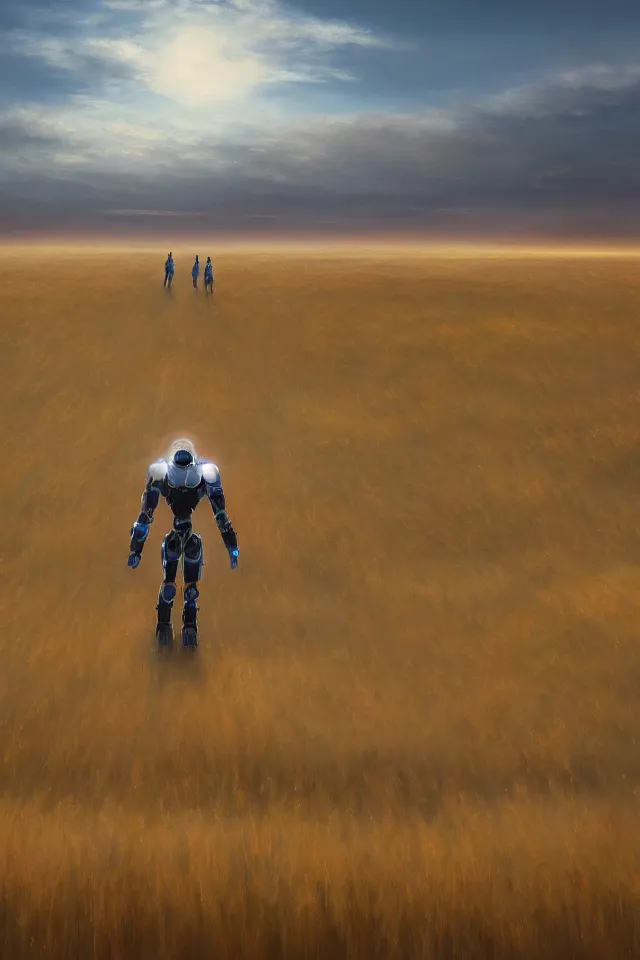 Prompt: concept art of the back view of one humanoid robot on the ground, many big tall buildings far away, vast wheat fields, by Noah Bradley, godrays, atmospheric, cinematic, distant world, wide angle, detailed