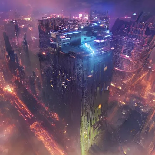 Prompt: a hyperdetailed photograph of iron man flying through the skies of a cyberpunk, futuristic city, night, dense fog, rain, hd, 8 k resolution