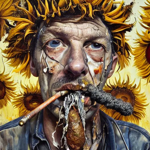 Image similar to an extreme close up portrait a wizard smoking a pipe, front angle, by Lucian Freud and Jenny Saville and Anselm Kiefer, oil painting, rust, Scaffolding, rusted metal and sunflowers, iron cladding, decay, mixed media, textured, anatomically correct, beautiful perfect face, visible brushstrokes, sharp focus, Highly Detailed, Cinematic Lighting, 8k, HD