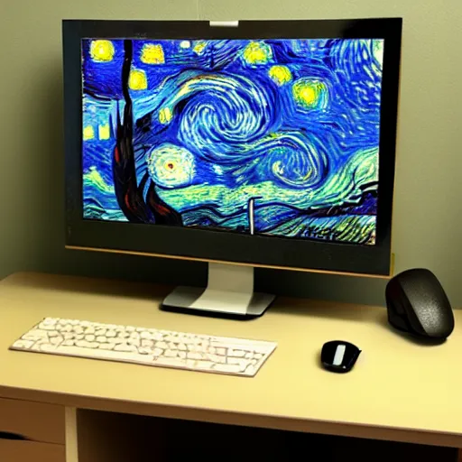 Prompt: desk with laptop and monitor in the style of van gogh