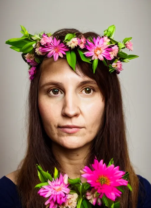 Prompt: portrait of a 3 4 year old woman, symmetrical face, flowers in her hair, she has the beautiful calm face of her mother, slightly smiling, ambient light