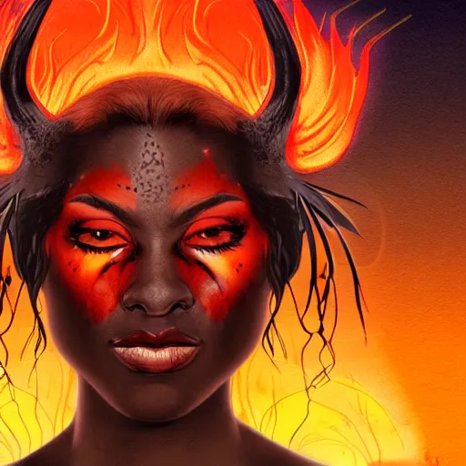 Image similar to digital illustration of a buff dark skinned woman, war face paint, shaman, red hair, antlers, character concept art + the background is a rain of fire + made by roger dean