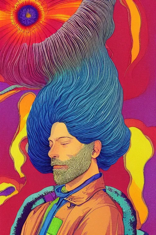 Image similar to a colorful closeup portrait of a young bald man with a very long wild beard dreaming psychedelic hallucinations in the vast icy landscape of antarctica, by kawase hasui, moebius and edward hopper, colorful flat surreal design, hd, 8 k, artstation