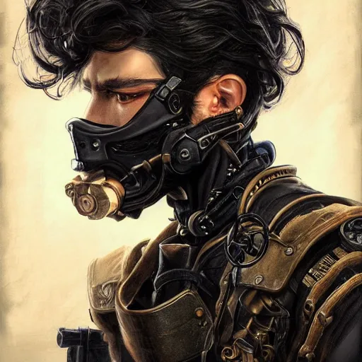 Image similar to portrait of a man by ayami kojima, black, french, he is about 2 0 years old, short black hair, annoyed older brother vibes, he is wearing a steampunk tactical gear, highly detailed portrait, digital painting, artstation, concept art, smooth, sharp foccus ilustration, artstation hq