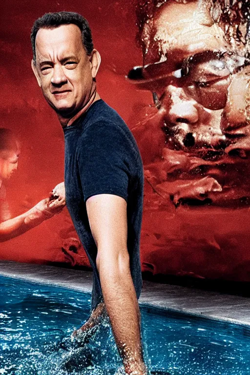 Image similar to tom hanks swimming in a pool of baked beans, realistic, moody grindhouse, dark