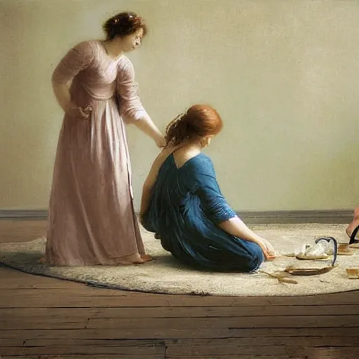 Prompt: This photograph is beautiful because of its harmony of colors and its simple but powerful composition. The artist has created a scene of peaceful domesticity, with a mother and child in the center, surrounded by a few simple objects. The colors are muted and calming, and the overall effect is one of serenity and calm. electric by Ellen Jewett, by Lawrence Alma-Tadema realistic, tired