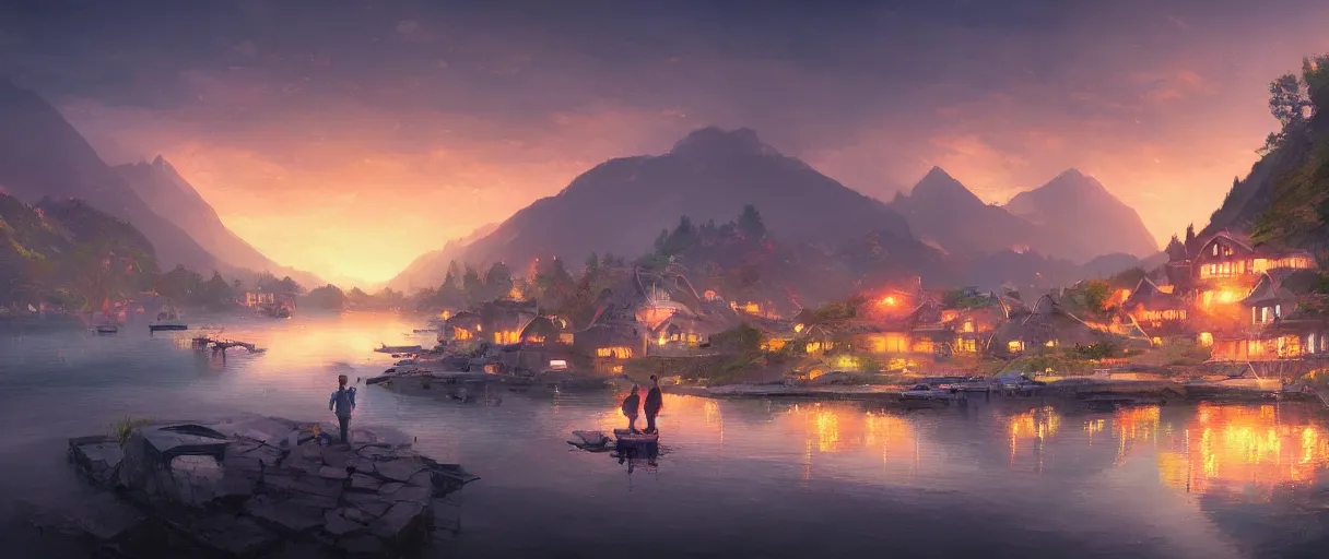 Image similar to fishing village crowded with houses around a lake, mountains in background, concept art, digital painting, style of jordan grimmer, warm lighting, futuristic, volumetric lighting, view from below, vivid colours, bright, daytime, godrays, high detail