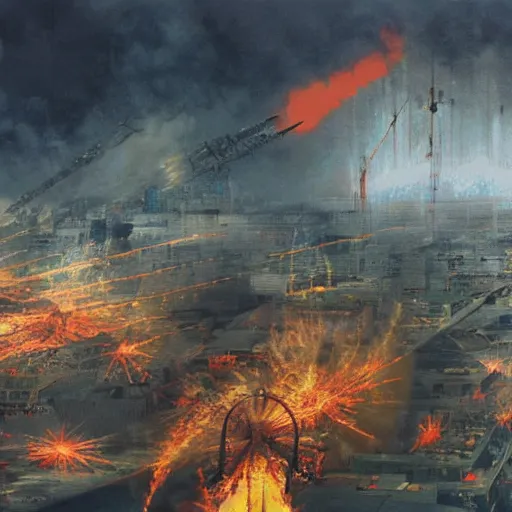 Image similar to aerial view of the full - metal irisdiscent hindenburg disaster, santiago of chile, pixeled fire from a fragmented neon - wired reality, matte painting by yoji shinkawa, esao andrews, yoshitaka amano and ryuichi sakamoto